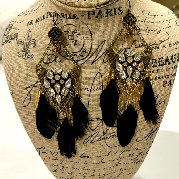 Black, Gold & Rhinestone Earrings w/ Black Feathers 4 Inch Drop for Pierced Ears - Picture 2 of 13